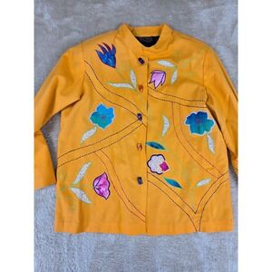 Julia Ku Womens Mustard Yellow Floral Embroidered Art to Wear Jacket‎ Mandarin L